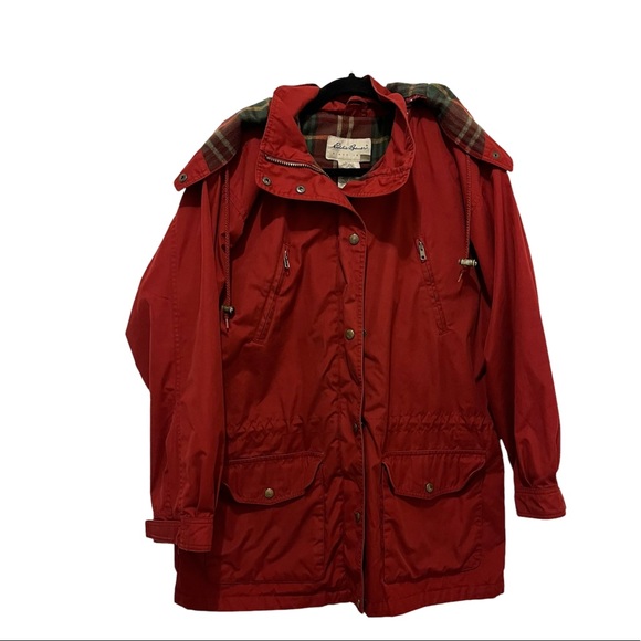 Eddie Bauer Other - VTG Eddie Bauer Red Flannel Lined Chore Barn Coat Jacket Hooded Mens Size M